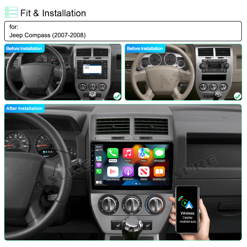10.1" Carplay Android 10 Car Stereo Head Unit DSP BT for Jeep Compass 2007 2008