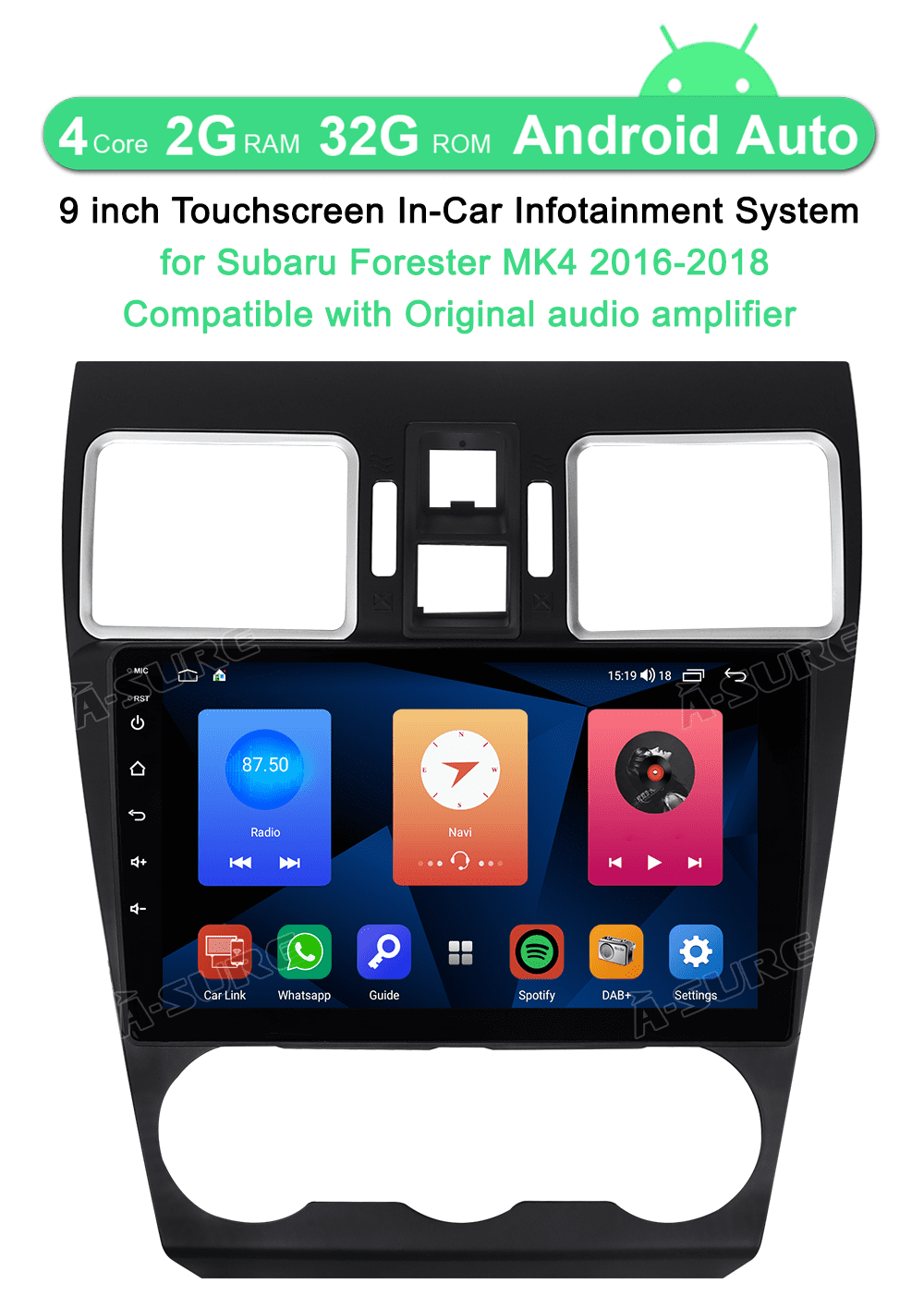 Junhua Wireless CarPlay Android 10.1 Car Radio, 9" HD Touch Screen, for Subaru Forester 2016-2018