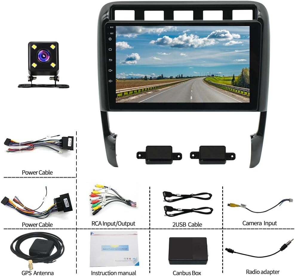 Android 13 Car Stereo for Porsche Cayenne 2002-2010, 2GB+32GB Wireless Carplay & Android Auto 9 inch 2.5D Tempered Glass Mirror auto Radio Player DSP Sound/WiFi/FM/SWC/MIC Dual USB + Backup Camera