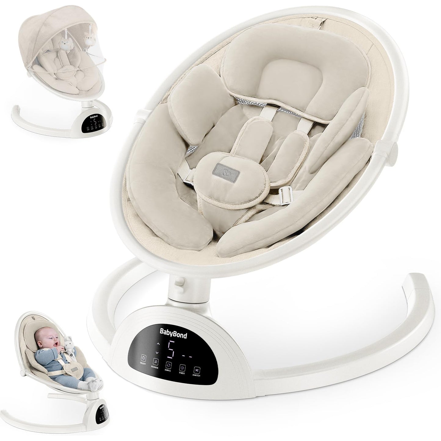 BabyBond Baby Swings for Infants, Bluetooth Infant Swing with Music Speaker, 3 Seat Positions, 5 Point Harness Belt, 5 Speeds and Remote Control - Portable Baby Swing for Indoor and Outdoor (Black)