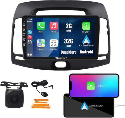 Kunfine CarPlay Android Auto Navigation Stereo GPS Radio Reverse Camera Display 9" IPS Touchscreen Headunit Tablet Pad Media Player for Hyundai Elantra Celesta 06-11, if Applicable Quad Core 2G+32G