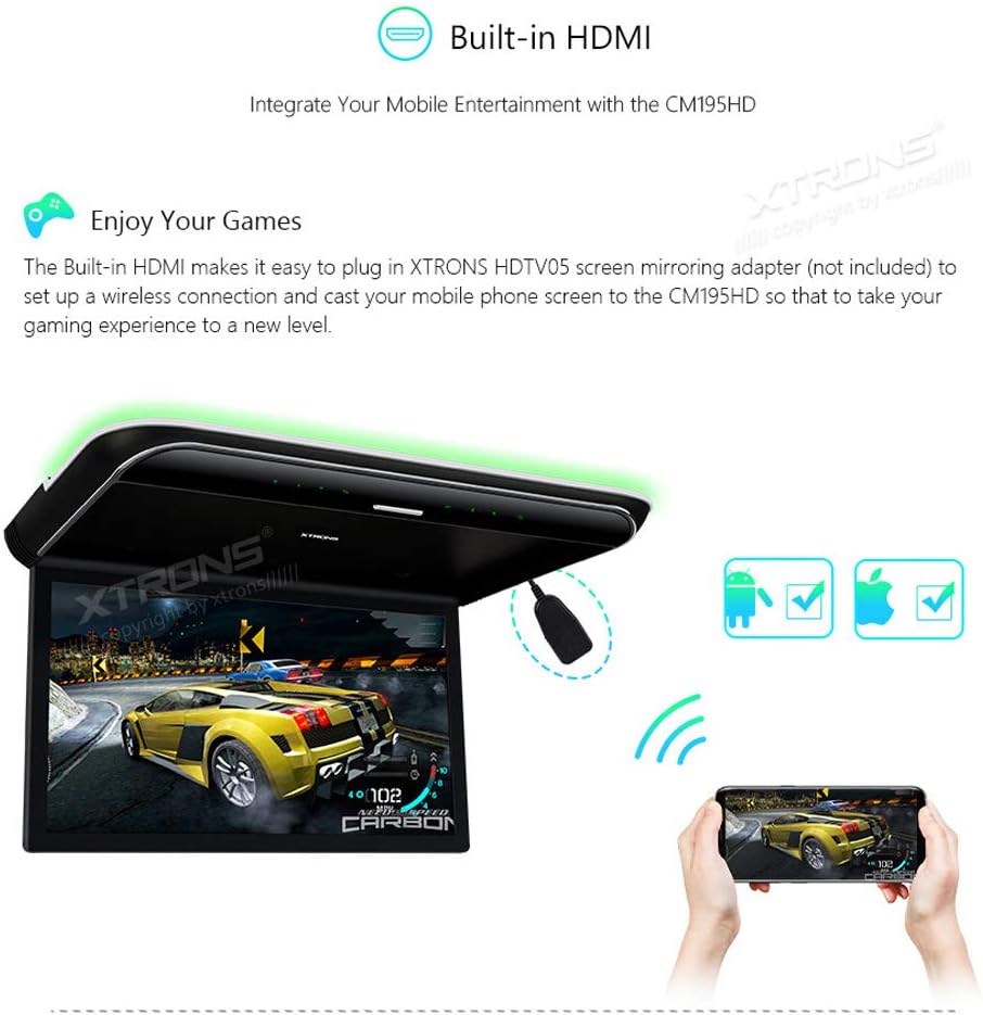 car displayXTRONS 19.5 Inch Car Overhead Player 16:9 Wide Screen 1080P Video Car Roof Mount Monitor Ultra-Thin Flip Down Overhead Car Monitor Supports IR, HDMI, USB, AV Input, Stereo Speakers