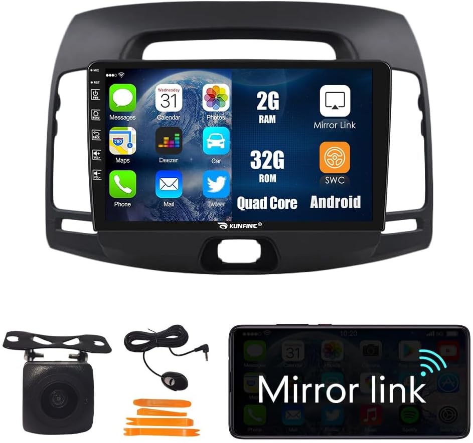 Kunfine CarPlay Android Auto Navigation Stereo GPS Radio Reverse Camera Display 9" IPS Touchscreen Headunit Tablet Pad Media Player for Hyundai Elantra Celesta 06-11, if Applicable Quad Core 2G+32G