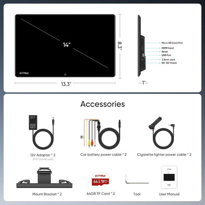 car display14 Inch 4K Video Android Portable Car TV Headrest Monitor Tablet for Back Seat with WiFi Bluetooth, Glass to Glass IPS Touch Screen Media Player, Support Phone Control & Mirror Link (2Pcs 4+64G)