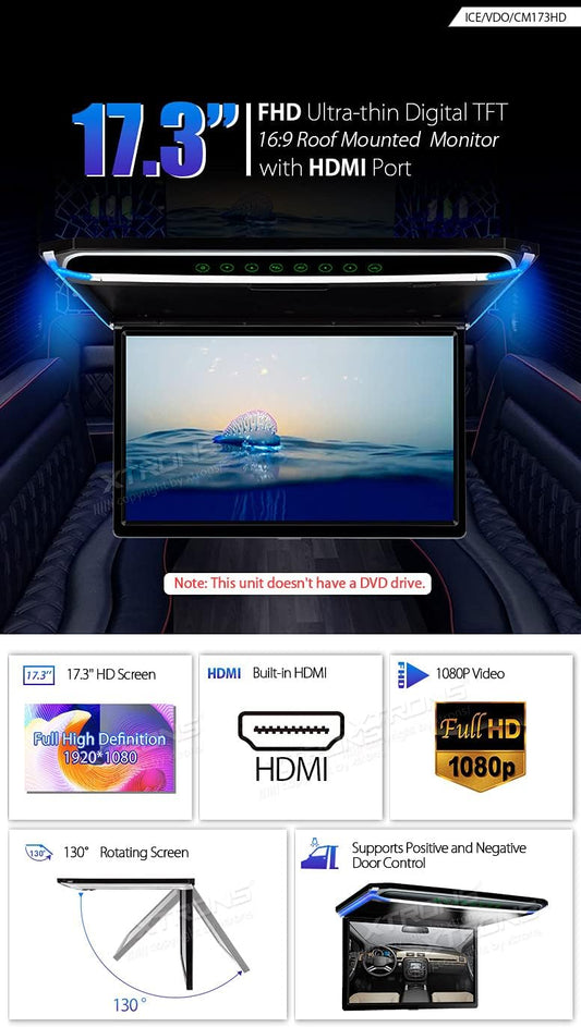 car displayXTRONS® 17.3 Inch 16:9 Ultra-Thin FHD Digital TFT Screen 1080P Video Car Overhead Player Roof Mounted Monitor HDMI Port 1920 * 1080 Full High Definition (Built in Speaker)
