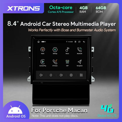 XTRONS 8.4 Inch Android 14 Car Stereo for Porsche Macan (2014-2016) with Optical Fiber Decoder, IPS Touch Screen 4GB+64GB Global 4G LTE Car Radio GPS Navigation Support Wireless Car Play Android Auto