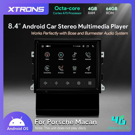 XTRONS 8.4 Inch Android 14 Car Stereo for Porsche Macan (2014-2016) with Optical Fiber Decoder, IPS Touch Screen 4GB+64GB Global 4G LTE Car Radio GPS Navigation Support Wireless Car Play Android Auto