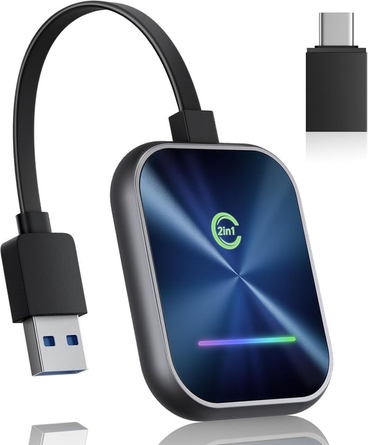 Wireless CarPlay Adapter 2024 Upgraded, 2 in 1 Wireless CarPlay & Android Auto Adapter Converts Factory Wired CarPlay to Wireless, Plug and Play Car Play Wireless Adapter, Compatible iPhone/Android