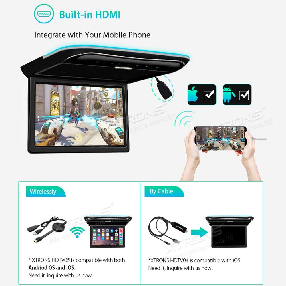 car displayXTRONS 11.6 Inch Car Overhead Roof Mounted Monitor Screen Ultra-Thin Flip Down TV for Cars 1080P Car Video Player with Built-in Speaker Support IR, USB, HDMI, AV Input (No DVD)