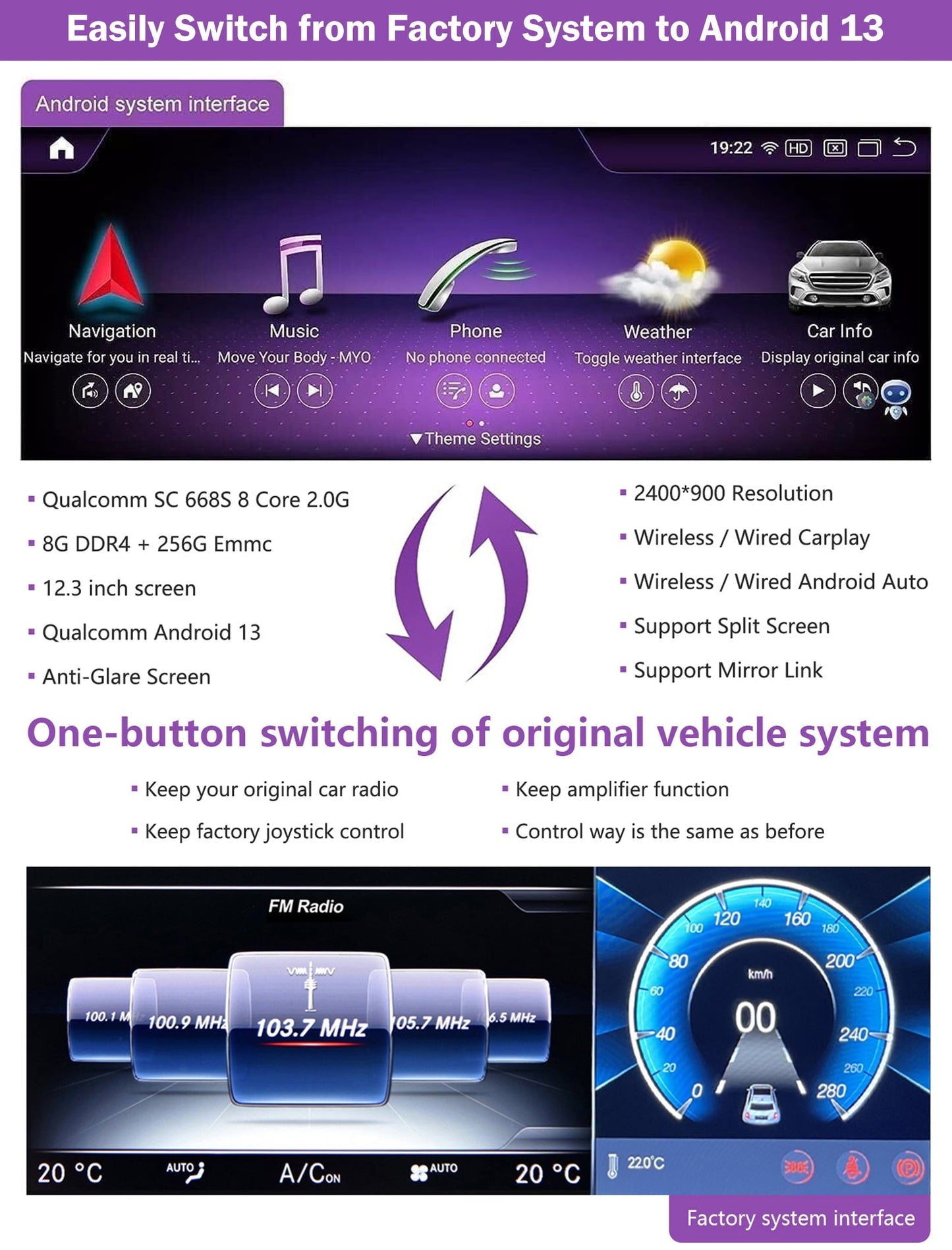 Mercedes-Benz Android Head Unit    Road Top 12.3" Android Car Stereo with CarPlay for Mercedes-Benz C117 X117 2013-2015, 8+256GB