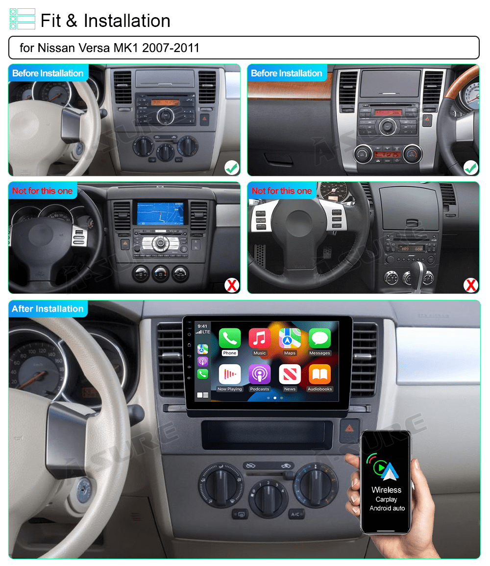 9" Android 13 Wireless CarPlay Car Stereo Radio for Nissan Versa 2007-2011 WiFi Bluetooth GPS DSP SWC USB 2+32GB