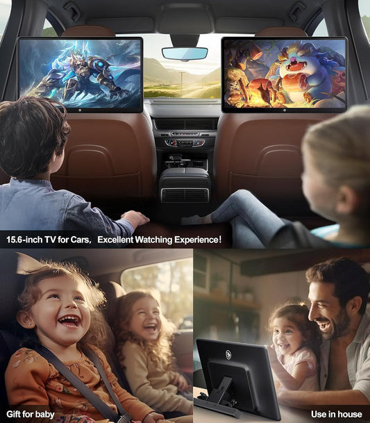 car display15.6-inch 4K Android portable car TV headrest display tablet suitable for car backseat, supports mobile phone wireless touch screen, comes with WiFi/Bluetooth/HDMI/USB/FM/multimedia video player