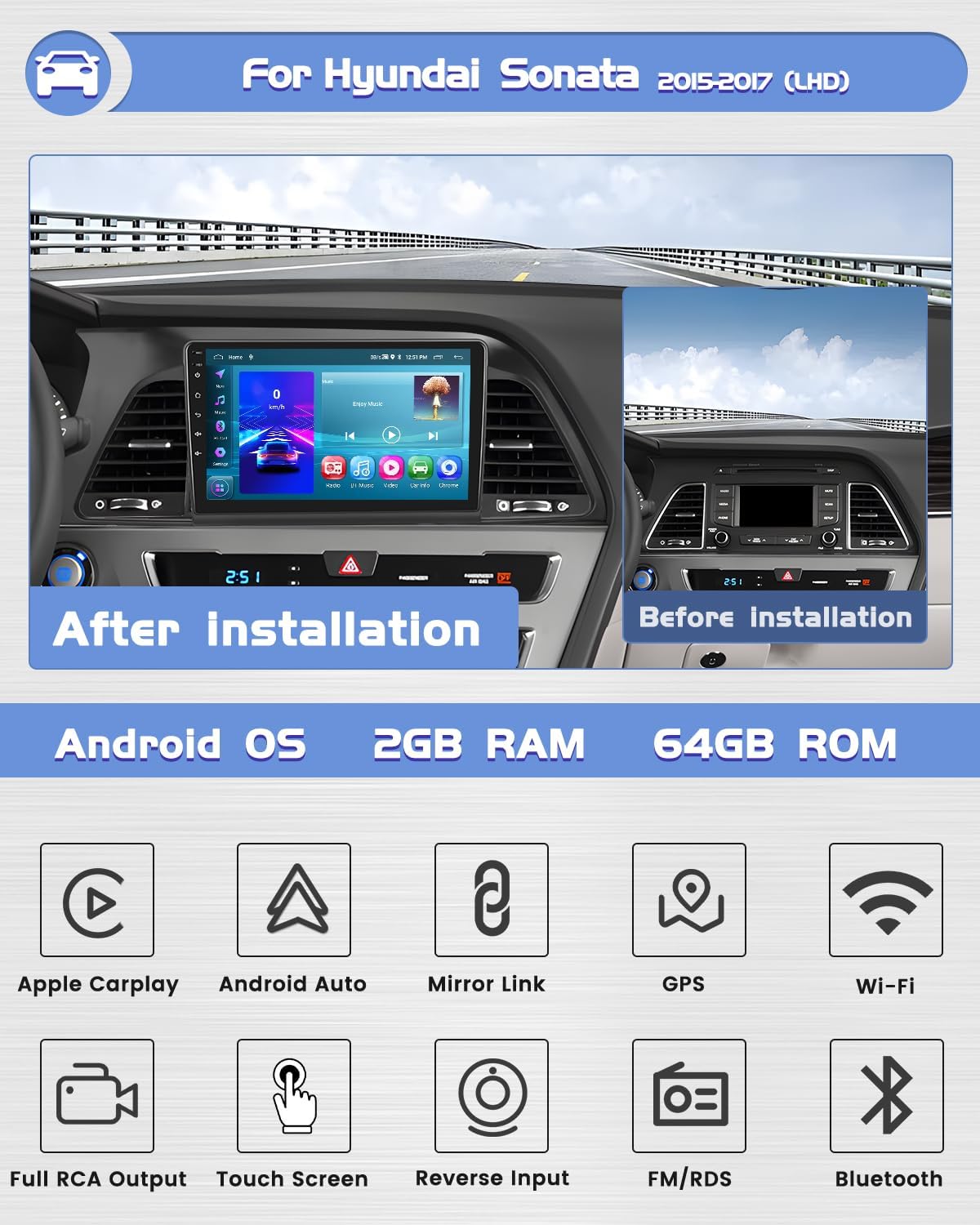 Roinvou 2+64G Android CarPlay Stereo for Hyundai Sonata 2015-2017, Built-in Wireless CarPlay with Android Auto, 9'' Touch Screen in-Dash GPS Navigation Support Mirror Link BT RDS AHD WiFi DSP