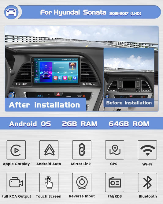 Roinvou 2+64G Android CarPlay Stereo for Hyundai Sonata 2015-2017, Built-in Wireless CarPlay with Android Auto, 9'' Touch Screen in-Dash GPS Navigation Support Mirror Link BT RDS AHD WiFi DSP