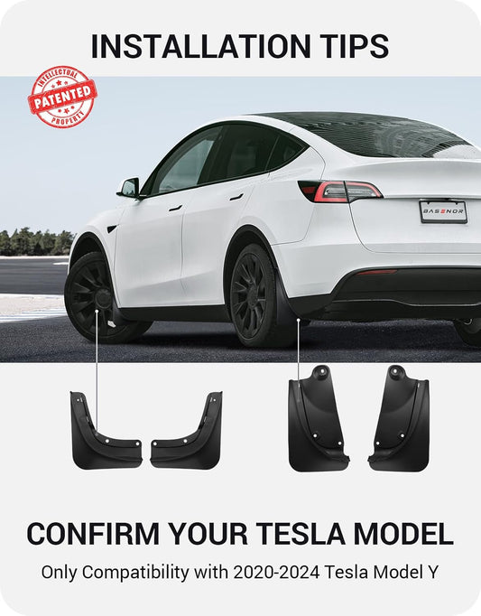 BASENOR 2025 Upgraded Tesla Model Y Mud Flaps Splash Guards Vehicle Sediment Protection No Drilling No Tape Mudflaps Tire Protector Mudflaps All Weather Tesla Exterior Accessories (Set of 4)Tesla   Vehicle Accessories