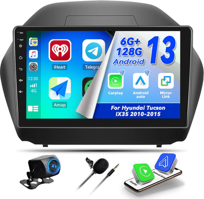 Camecho Car Radio Head Unit Android 13 for Hyundai Tucson IX35 2010-2015 Radio, 10" Touch Screen Car Stereo with CarPlay, Android Auto, Bluetooth, WiFi, HiFi & EQ, GPS Navigation + AHD Backup Camera