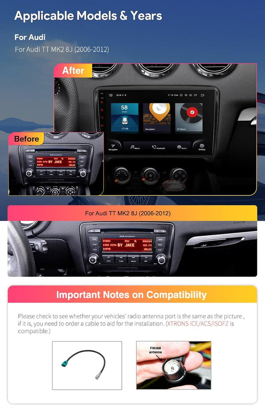XTRONS Car Stereo for Audi TT MK2, Android 13 Qualcomm Octa Core 8GB+256GB Car Radio, 9 Inch QLED Touch Screen GPS Navigation for Car Bluetooth Head Unit DSP Car Play Android Auto