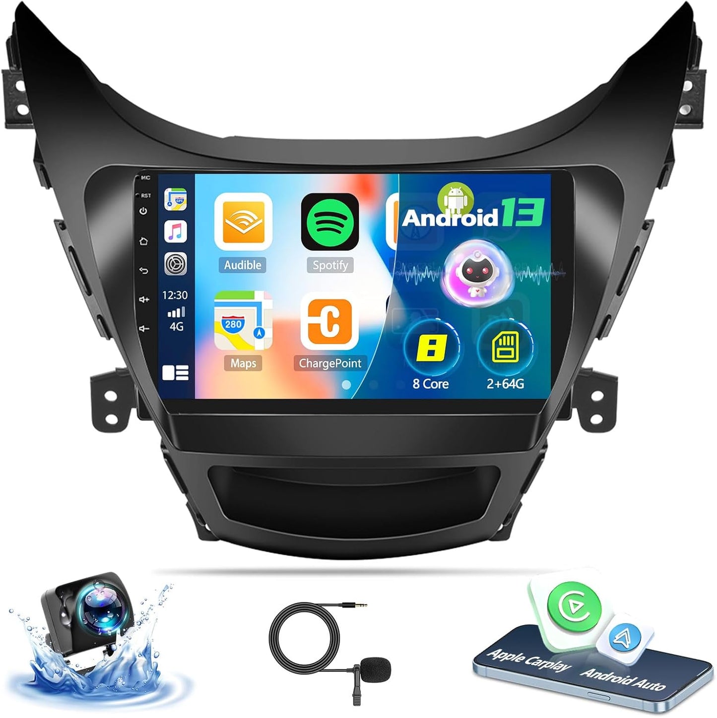 1+32G Android Car Stereo for Hyundai Elantra 2011 2012 2013 with Carplay Android Auto Multimedia Player 9 inch Touchscreen Radio Head Unit FM RDS HiFi Bluetooth WiFi GPS SWC+ Backup Camera & MIC