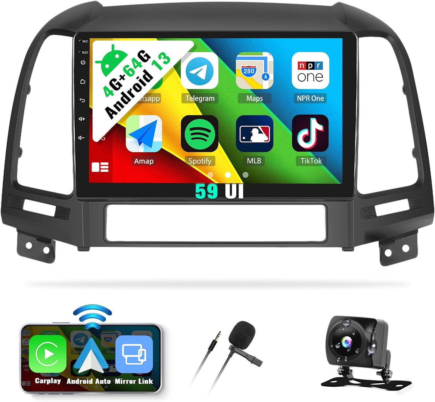 SIXWIN Android 13 4G+64G Car Stereo for Hyundai Santafe 2006-2012 9 Inch Touch Screen with CarPlay Android Auto with Bluetooth Weather Forecast 59UI GPS Navigation WiFi Network Radio 32EQ