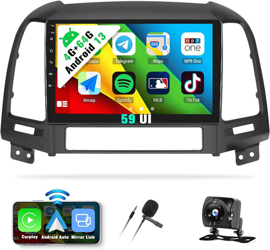SIXWIN Android 13 4G+64G Car Stereo for Hyundai Santafe 2006-2012 9 Inch Touch Screen with CarPlay Android Auto with Bluetooth Weather Forecast 59UI GPS Navigation WiFi Network Radio 32EQ