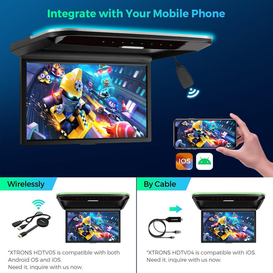 car displayXTRONS 14 Inch Car Overhead Player, Wide HD Car Roof Mount Monitor Built-in Stereo Speakers, Overhead Flip Down Car Monitor Support HDMI USB Input