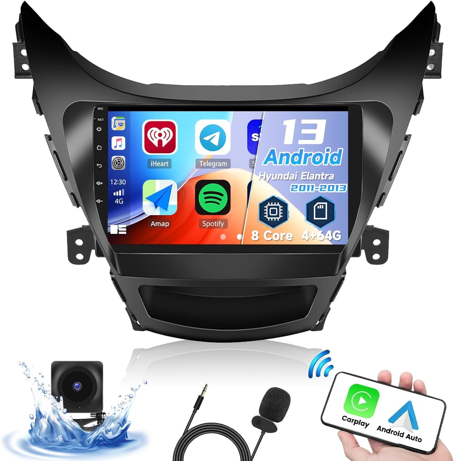 1+32G Android Car Stereo for Hyundai Elantra 2011 2012 2013 with Carplay Android Auto Multimedia Player 9 inch Touchscreen Radio Head Unit FM RDS HiFi Bluetooth WiFi GPS SWC+ Backup Camera & MIC