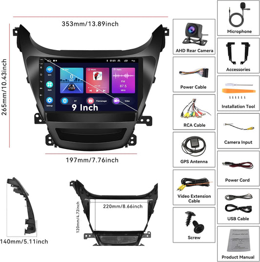 2+64G Android Car Stereo for Hyundai Elantra 2014 2015 2016 with Apple Carplay Android Auto Mirror Link 9 inch Touchscreen Radio Head Unit FM RDS HiFi Bluetooth WiFi GPS + AHD Backup Camera & MIC