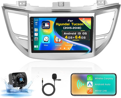 4+64G Inefala for Hyundai Tucson 2015-2018 Android 13 Car Radio Stereo with Wireless Carplay Android Auto Head Unit, 9" HD Touch Screen WiFi GPS BT5.0 FM/RDS EQ Mirror Link SWC Backup Camera MIC