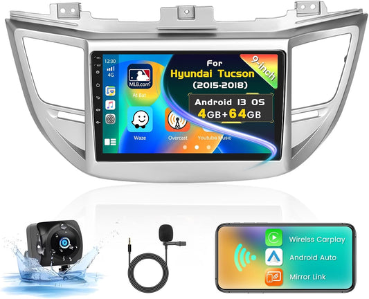 4+64G Inefala for Hyundai Tucson 2015-2018 Android 13 Car Radio Stereo with Wireless Carplay Android Auto Head Unit, 9" HD Touch Screen WiFi GPS BT5.0 FM/RDS EQ Mirror Link SWC Backup Camera MIC