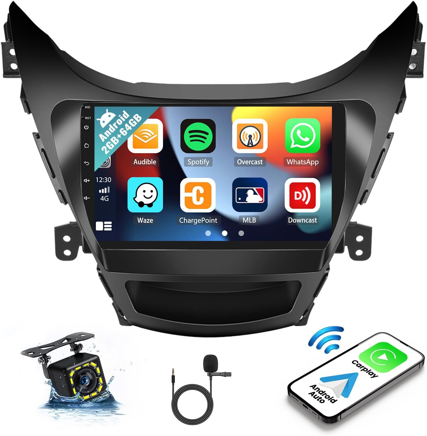 1+32G Android Car Stereo for Hyundai Elantra 2011 2012 2013 with Carplay Android Auto Multimedia Player 9 inch Touchscreen Radio Head Unit FM RDS HiFi Bluetooth WiFi GPS SWC+ Backup Camera & MIC