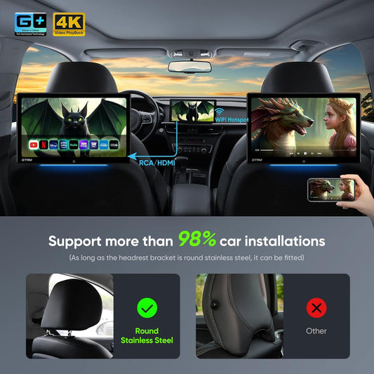 car display14 Inch 4K Video Android Portable Car TV Headrest Monitor Tablet for Back Seat with WiFi Bluetooth, Glass to Glass IPS Touch Screen Media Player, Support Phone Control & Mirror Link (2Pcs 4+64G)