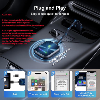 Wireless CarPlay Adapter 2024 Upgraded, 2 in 1 Wireless CarPlay & Android Auto Adapter Converts Factory Wired CarPlay to Wireless, Plug and Play Car Play Wireless Adapter, Compatible iPhone/Android