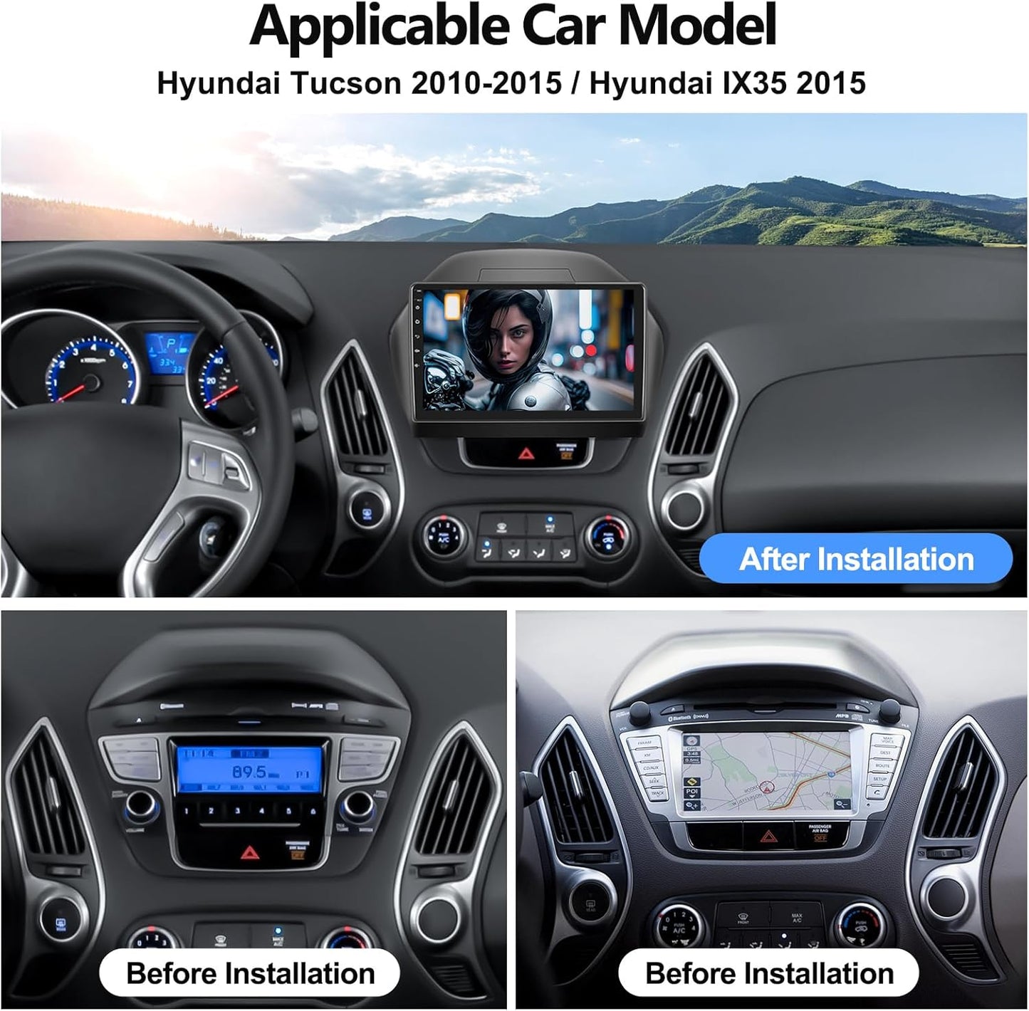 4+64GB Android Car Stereo Radio for Hyundai Tucson 2010-2015 with Wireless Carplay Android Auto Touch Screen Bluetooth Car Radio with GPS Navigation HiFi WiFi FM RDS Radio + AHD Backup Camera