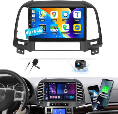 4+64G Android 13 Car Radio for Hyundai Santa Fe 2006-2012, 9'' HD 1280 * 720 Touchscreen Bluetooth Car Stereo with Wireless CarPlay Android Auto Mirror Link GPS Navi,WiFi,32EQ DSP,SWC+Camera&Mic