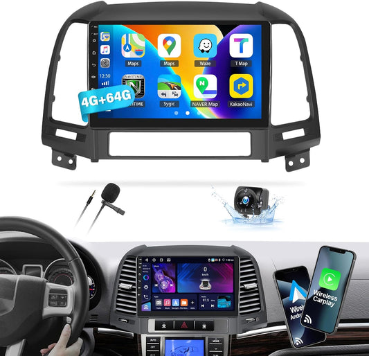 4+64G Android 13 Car Radio for Hyundai Santa Fe 2006-2012, 9'' HD 1280 * 720 Touchscreen Bluetooth Car Stereo with Wireless CarPlay Android Auto Mirror Link GPS Navi,WiFi,32EQ DSP,SWC+Camera&Mic