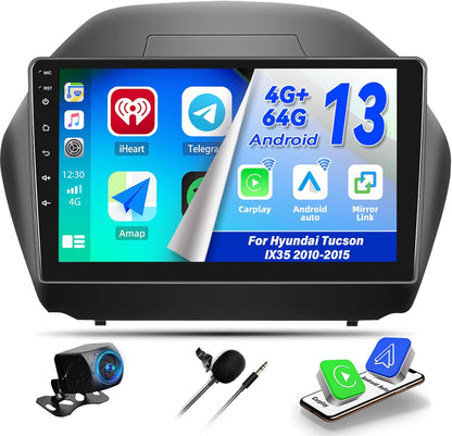 Camecho Car Radio Head Unit Android 13 for Hyundai Tucson IX35 2010-2015 Radio, 10" Touch Screen Car Stereo with CarPlay, Android Auto, Bluetooth, WiFi, HiFi & EQ, GPS Navigation + AHD Backup Camera