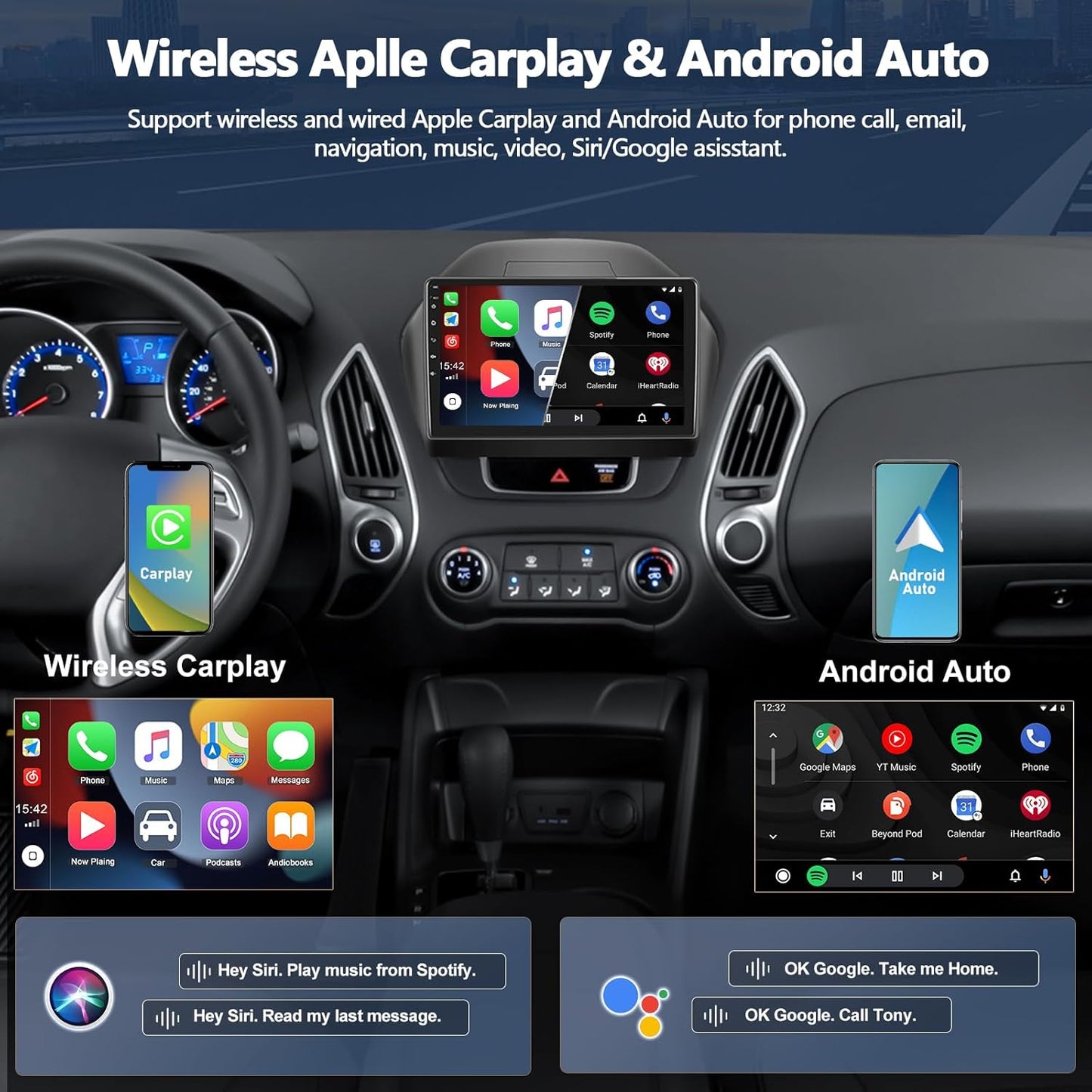 4+64GB Android Car Stereo Radio for Hyundai Tucson 2010-2015 with Wireless Carplay Android Auto Touch Screen Bluetooth Car Radio with GPS Navigation HiFi WiFi FM RDS Radio + AHD Backup Camera