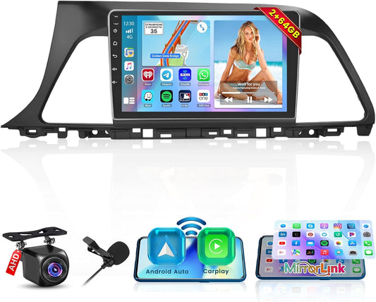 Roinvou 2+64G Android CarPlay Stereo for Hyundai Sonata 2015-2017, Built-in Wireless CarPlay with Android Auto, 9'' Touch Screen in-Dash GPS Navigation Support Mirror Link BT RDS AHD WiFi DSP