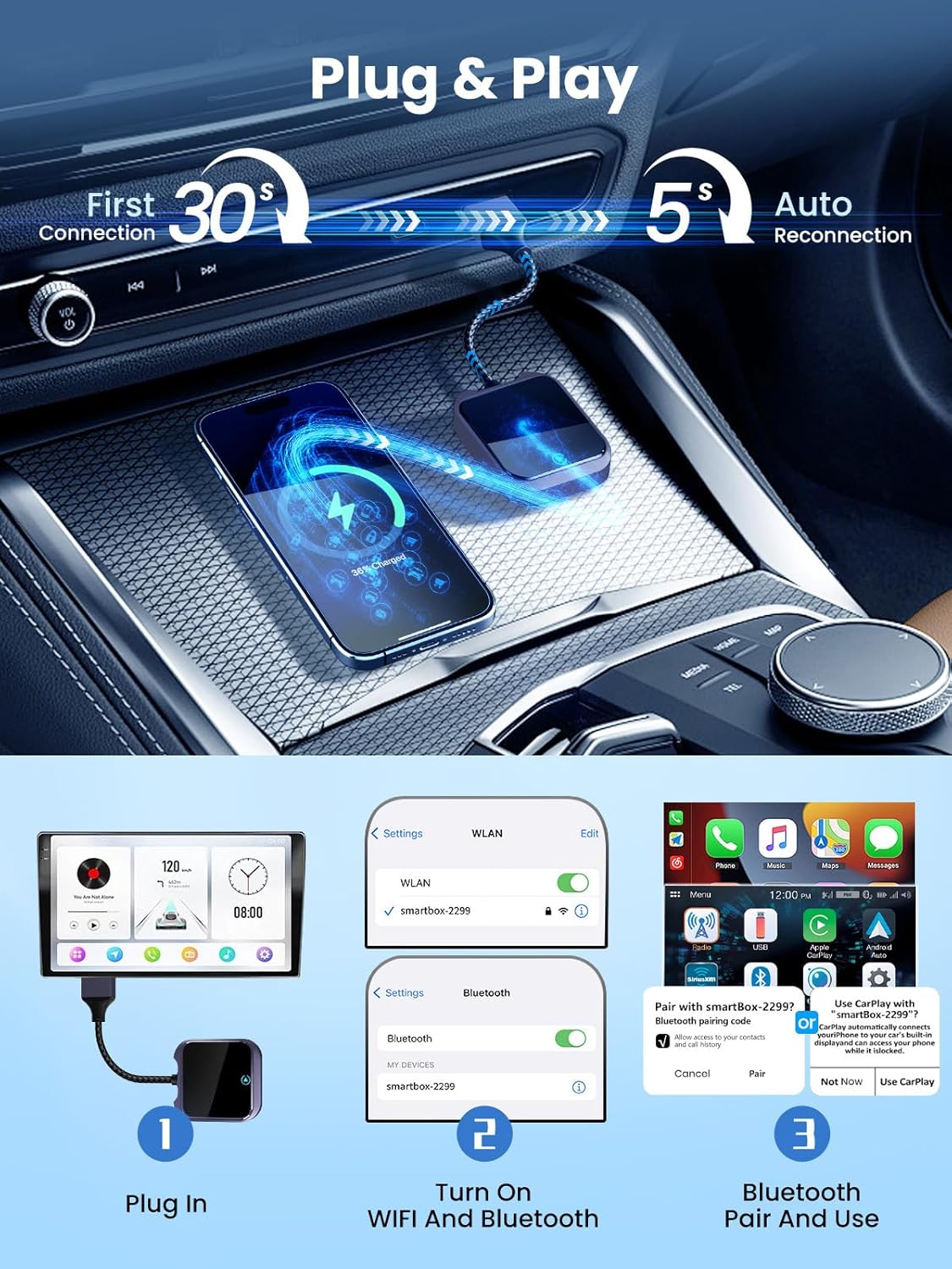 Mercedes-Benz Android Head Unit    Android Auto and Carplay Wireless Adapter with Fast Stable 5Ghz WiFi Bluetooth, Wireless Android Auto Car Adapter Applies to Cars After 2016 & Phone with Android11+/ iOS10+ & USB-A/Type-C