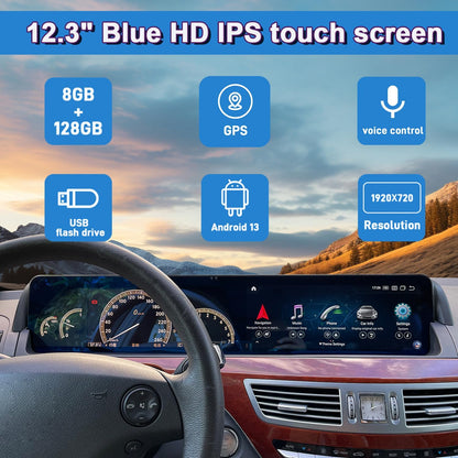 Mercedes-Benz Android Head Unit    12.3" Android 13 Dual Screen Style Multimedia Blue Anti-Glare HD Screen for Mercedes-Benz 2006-2013 S CL Class W221 W216 NTG 3.0/3.5, Support Carplay Android Auto Mirror Link (8+128GB)