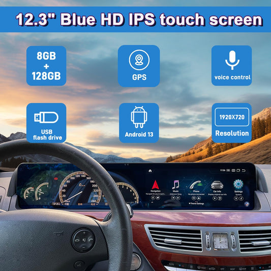 Mercedes-Benz Android Head Unit    12.3" Android 13 Dual Screen Style Multimedia Blue Anti-Glare HD Screen for Mercedes-Benz 2006-2013 S CL Class W221 W216 NTG 3.0/3.5, Support Carplay Android Auto Mirror Link (8+128GB)