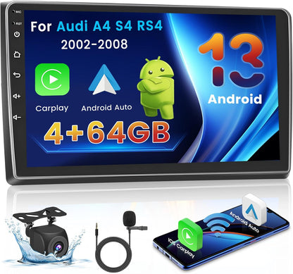 8Core 4+64G Car Stereo for Audi A4 S4 RS4 2002-2008 with Wireless Apple Carplay Android Auto, Android 13 9 inch 1280*720 Touch Screen Car Radio with GPS WiFi BT 5.0 DSP FM RDS Radio AHD Backup Camera