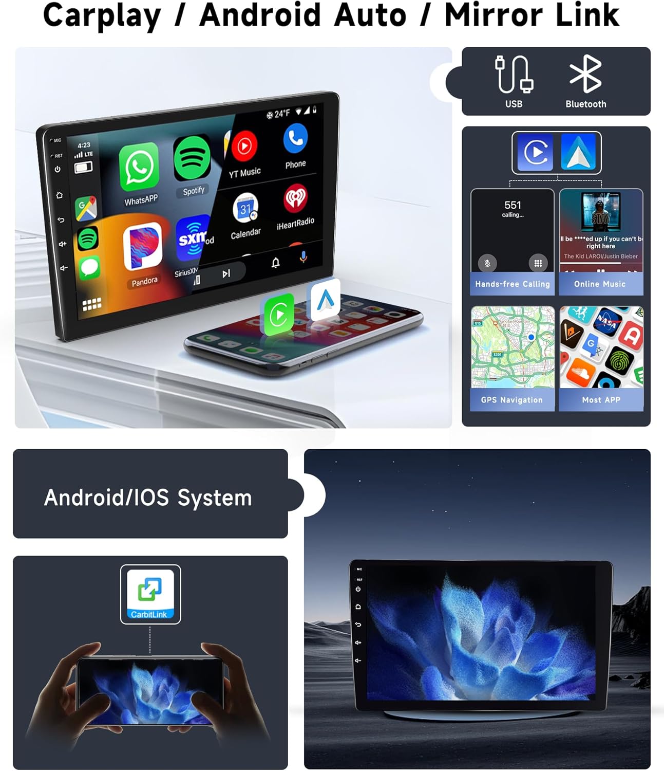 [8 CORE 2G+64G] Android 13 Double Din Car Radio Wireless Carpla Android Auto, 10.1" IPS HD Touchscreen Car Stereo with Bluetooth GPS WiFi FM/RDS 32EQ Mirror Link DSP SWC Backup Camera