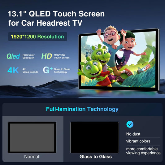 car display13.1-inch Android 13 Multi-Functional Car TV Headrest Monitor for Back seat, Full High Definition QLED Touch Screen Video Player, Support WiFi/Bluetooth/Mobile Mirror Link/HDMI/USB/RCA