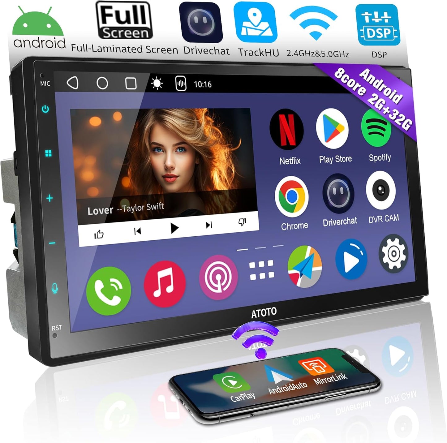 [Fully Laminated Screen] Android Double Din Car Stereo, 8-Core Android Head Unit 1280 * 720P, Powered by ChatGPT, Wireless Carplay&Android Auto, ATOTOEXCEL A6PF GPS Navigator, LRV, WiFi/BT