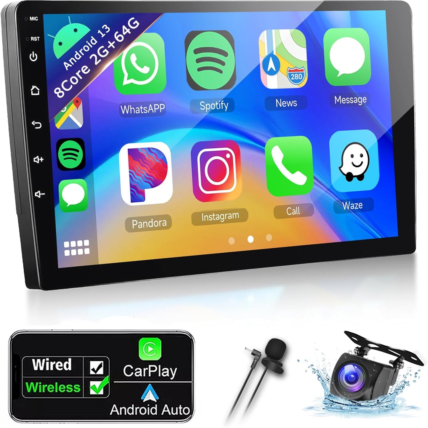 8Core 4G+64G Android 13 Double Din Car Stereo Wireless Carplay Android Auto, 10.1inch HD 1280 * 720P IPS Touchscreen Radio in-Dash Head Unit GPS WiFi/32EQ DSP Audio/Bluetooth5.0/SWC Backup Camera