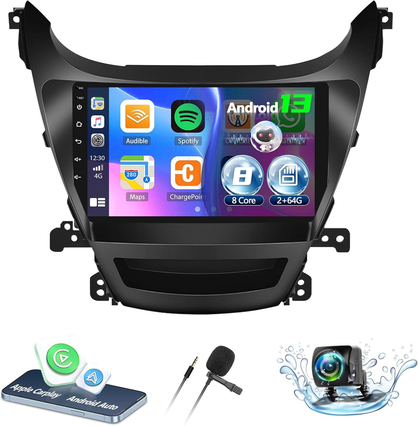 2+64G Android Car Stereo for Hyundai Elantra 2014 2015 2016 with Apple Carplay Android Auto Mirror Link 9 inch Touchscreen Radio Head Unit FM RDS HiFi Bluetooth WiFi GPS + AHD Backup Camera & MIC