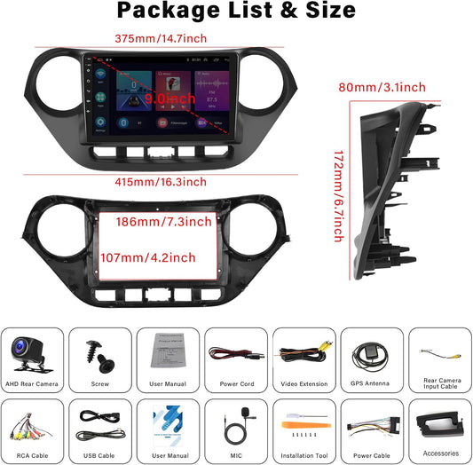 2+64G Android 13 Car Stereo for Hyundai I10 2013-2018 Upgrade Replacement Radio Apple Carplay Android Auto 9 inch Touchscreen Multimedia Player Head Unit FM Radio GPS Bluetooth+AHD Camera&MIC