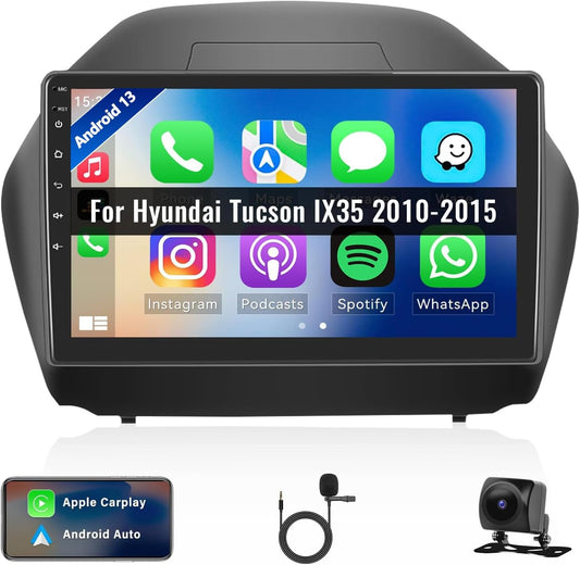 Camecho Car Radio Head Unit Android 13 for Hyundai Tucson IX35 2010-2015 Radio, 10" Touch Screen Car Stereo with CarPlay, Android Auto, Bluetooth, WiFi, HiFi & EQ, GPS Navigation + AHD Backup Camera