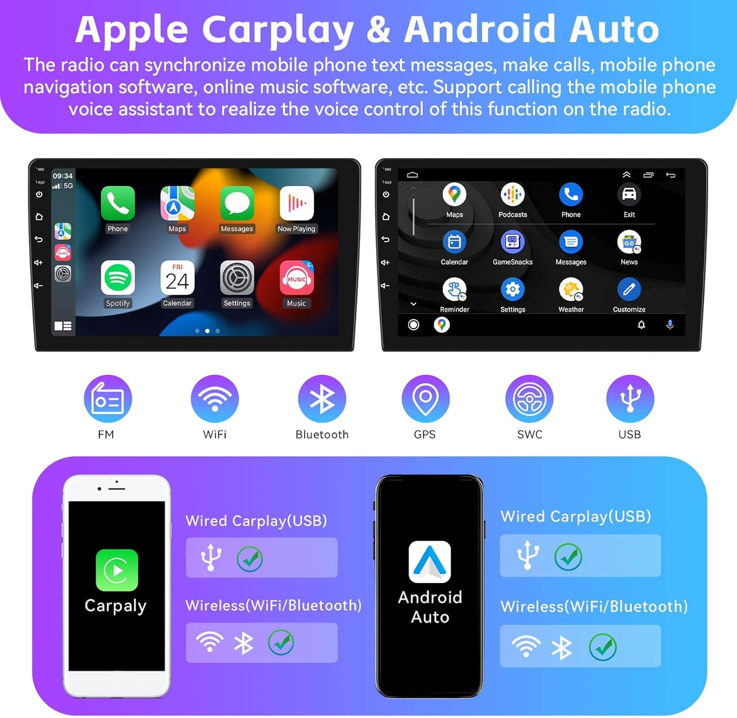 2+64G Android Car Stereo for Hyundai Sonata 2010-2015 with Apple Carplay Android Auto Mirror Link 9 inch Head Unit Touchscreen Radio FM RDS HiFi Bluetooth WiFi GPS + AHD Backup Camera & MIC